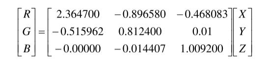RGB顏色空間轉換XYZ顏色空間的準換關系式